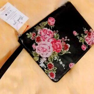 Floral Black Leather Wristlet or Clutch NWT